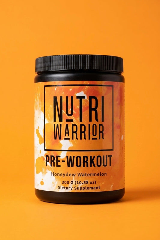 Nutri Warrior pre-workout supplement container on an orange background