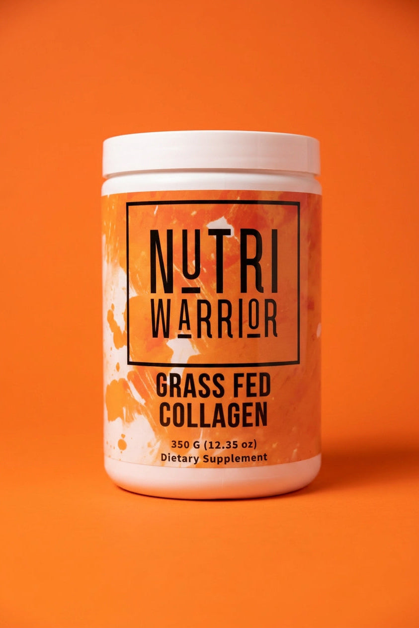 Nutri Warrior grass fed collagen supplement container on an orange background