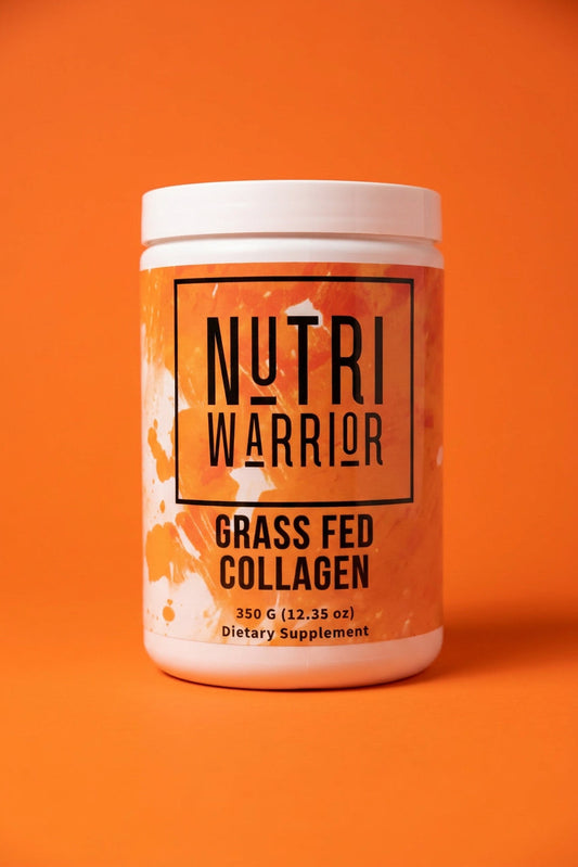 Nutri Warrior grass fed collagen supplement container on an orange background