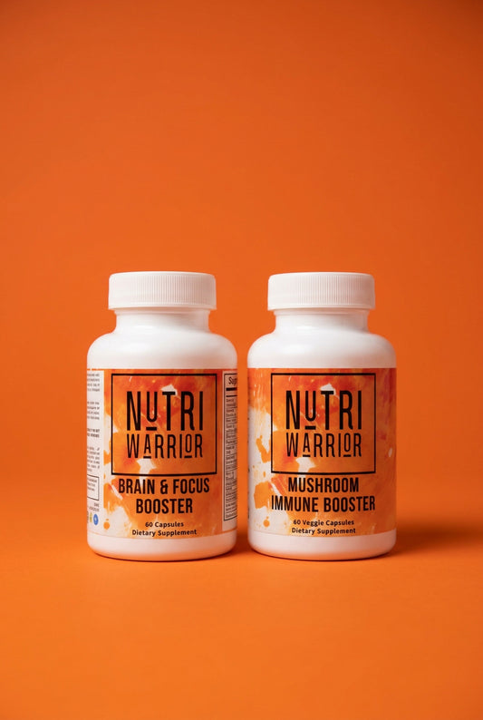 Two bottles of Nutri Warrior supplements on an orange background
